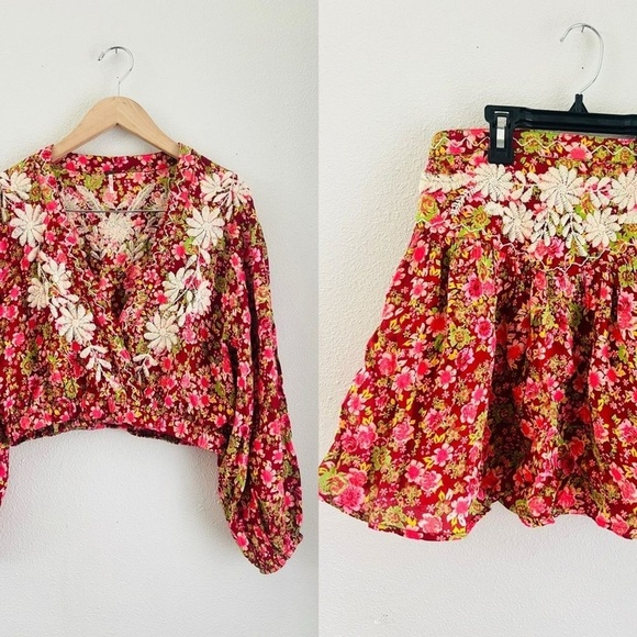 Free People co-ord set Nyomi Embroidered Floral Mini Skirt Crop Top Red pink - Picture 3 of 10